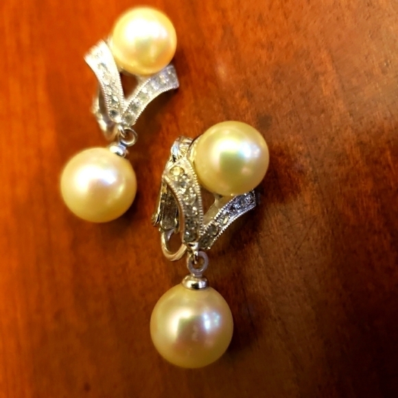 Clip-on Pearl & Diamond Look Earrings Vintage - Picture 4 of 5